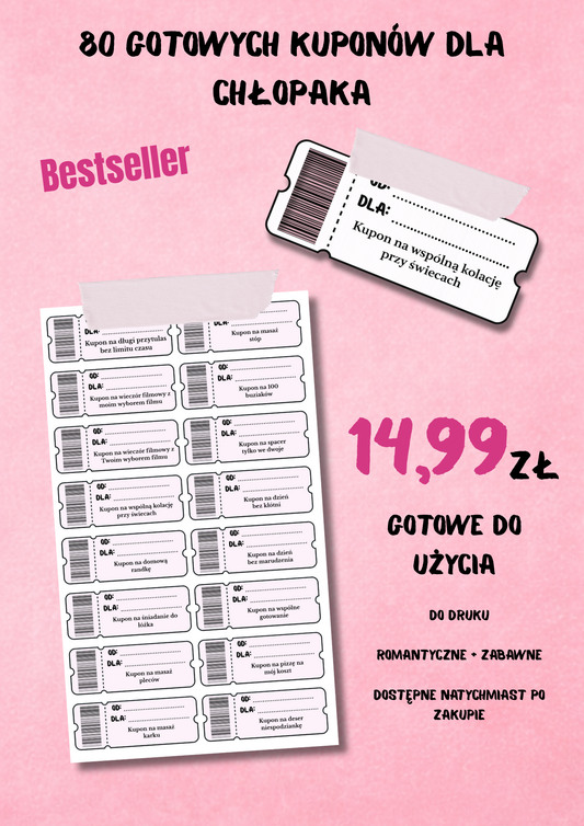 80 gotowych kuponów dla chłopaka – prezent do druku (PDF)